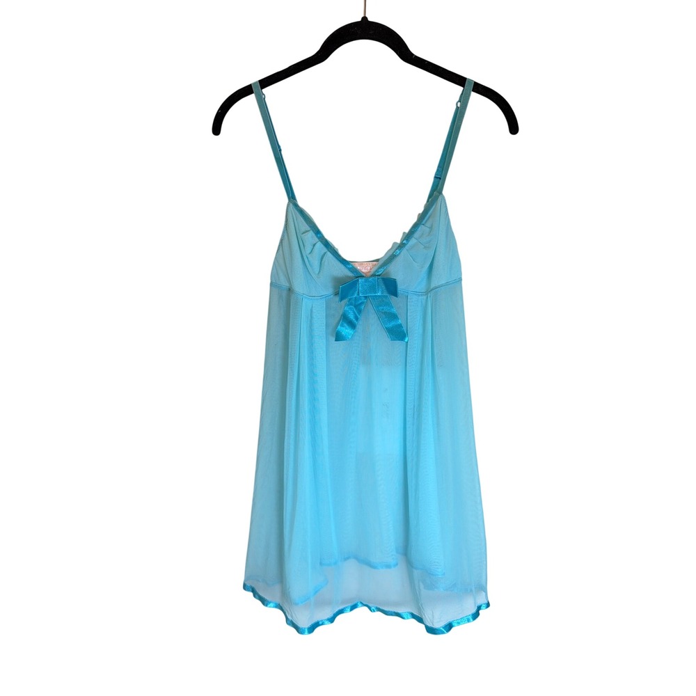 Victoria's Secret Angels Turquoise Blue Mesh Babydoll Chemise Satin Bow Medium